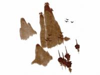 下絵転写紙　渓谷に帆船文　茶