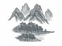 下絵転写紙 松林に建物船出絵 呉須