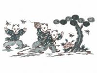 下絵転写紙　2色松唐子　呉須と茶