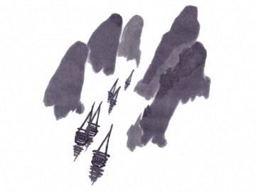 下絵転写紙　渓谷に船文　呉須