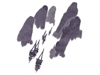 下絵転写紙　渓谷に船文　呉須
