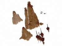 下絵転写紙　渓谷に帆船文　茶